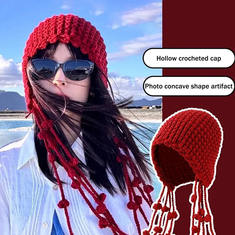 قبعة محبوكة يدوية للنساء شتاء دافئ قبعة حماية الأذن سيدة أنثى الكورية الكروشيه البلوز القبعات