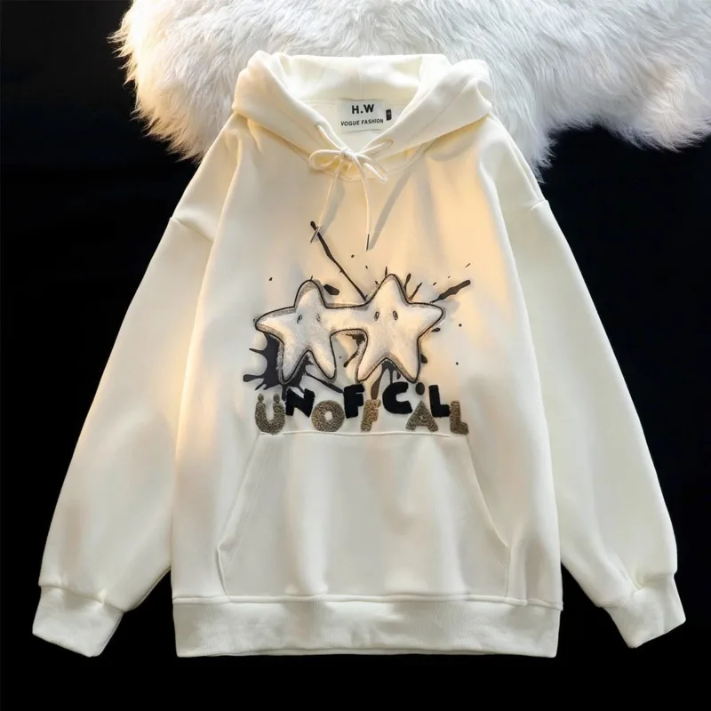 

Cute Flocking Star Embroidery Hooded Zipper Sweater For Women Autumn Winter Hip Hop Streetwear Men Grunge Trendch New Hoodie Yk2