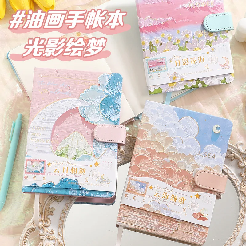Artistic Hand Drawn Oil Painting Illustration Notebook, PU Magnetic Buckle Notebook with Multifunctional Color Pages