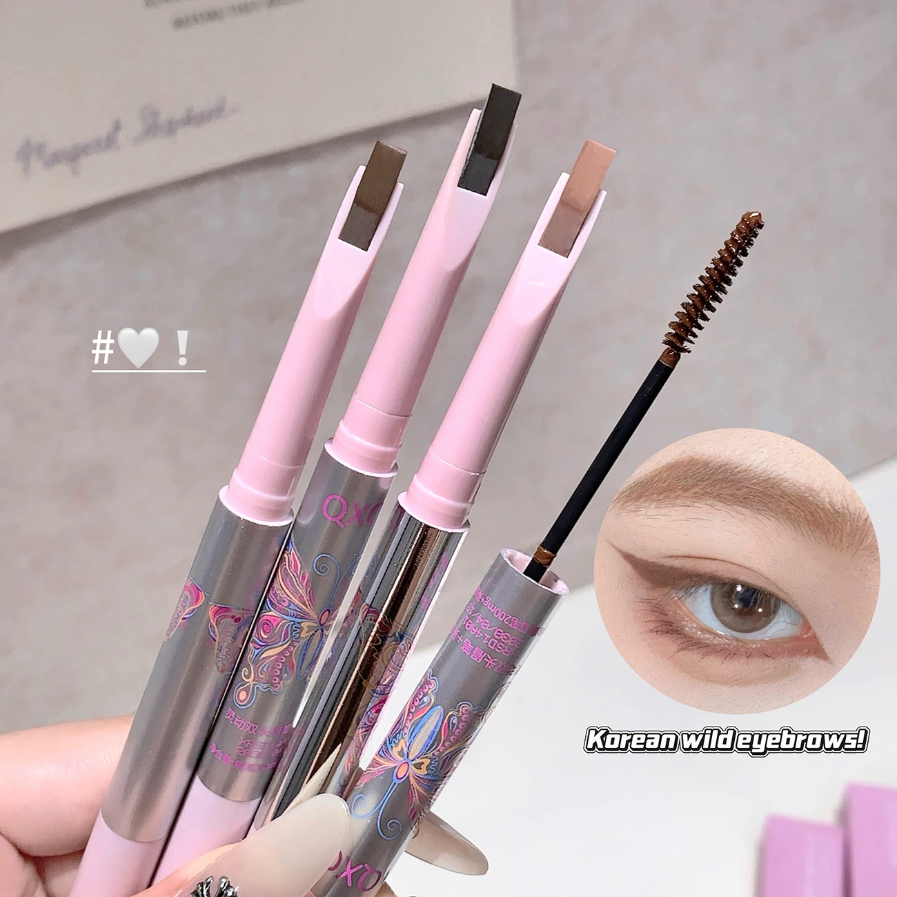 QXQY 듀얼 헤드 아이브로우 펜슬 앤 다이 2-in-1 내추럴 컬러 방수 땀 방지 오래 지속되는 번짐 없는 아이브로우 메이크업