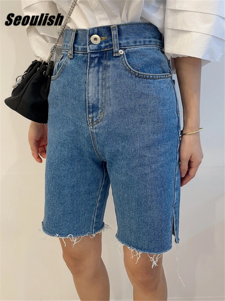 Seoulish Mùa Hè Nóng Quần Short Jean Nữ Cao Cấp Nữ Tua Rua Denim Quần Short Jeans Nửa Quần Femme 2022 Dạo Phố