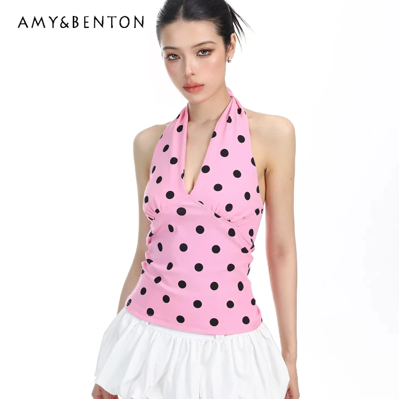 

Original Design Polka Dot Women's Vests 2026 Summer Slimming Hot Girl Halter V-neck Versatile Age Reduction Short Top Ladies