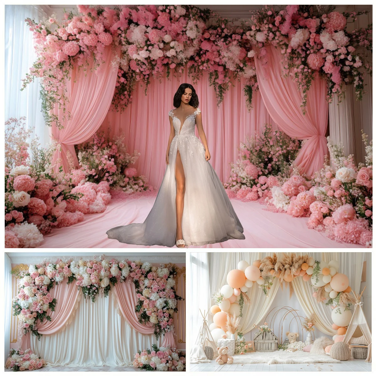 

Romantic Curtain Flower Wall Photography Backdrop Arch Rose Floral Bridal Shower Bride Portrait Decor Background Photo Studio