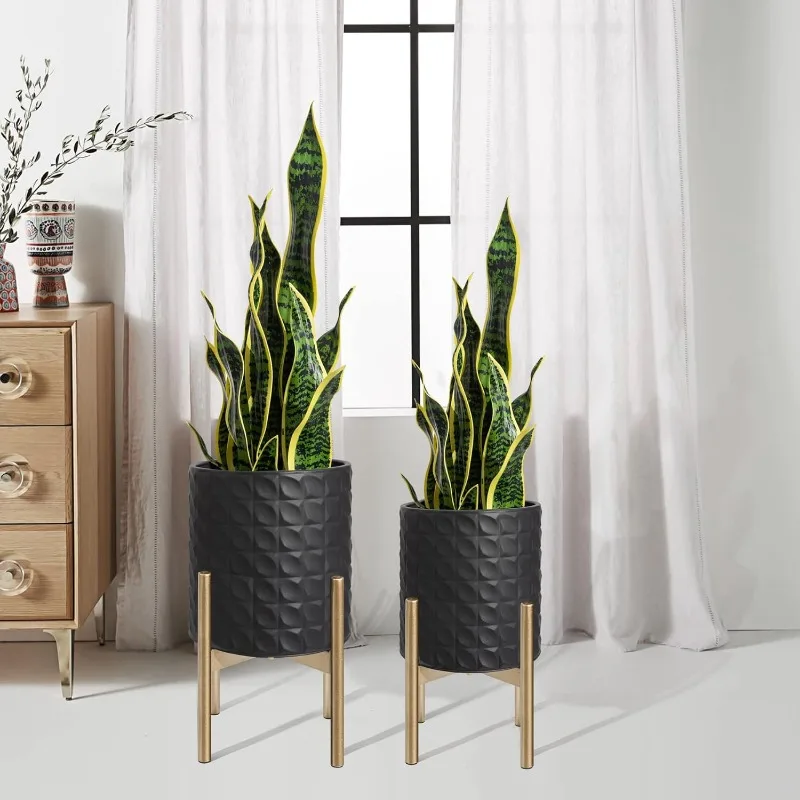 

10inch+12inch Mid Century Planters for Indoor Plants, Set of 2, Modern Decorative Metal Planters for Living Room, Office