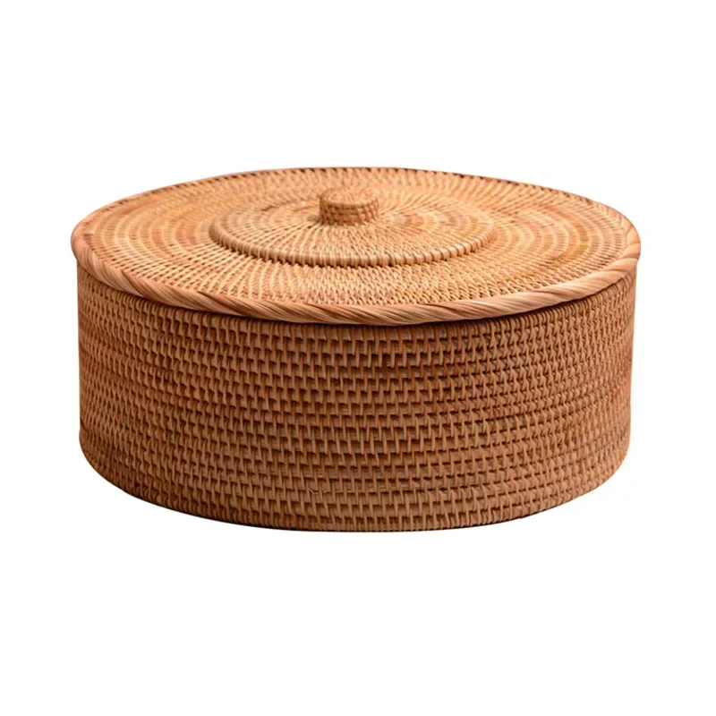 Korean Home Storage Baskets Natural Vine Weaving Fruit Tray Dust Belt Cover Organize Baskets Retro Round Storage Box