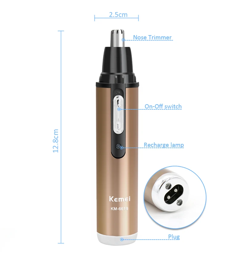 KEMEI Mini Rechargeable Clectric Nose Hair Trimmer Personal Cleansing Care Portable Nose Hair Cleaner KM-6619 Champagne Color