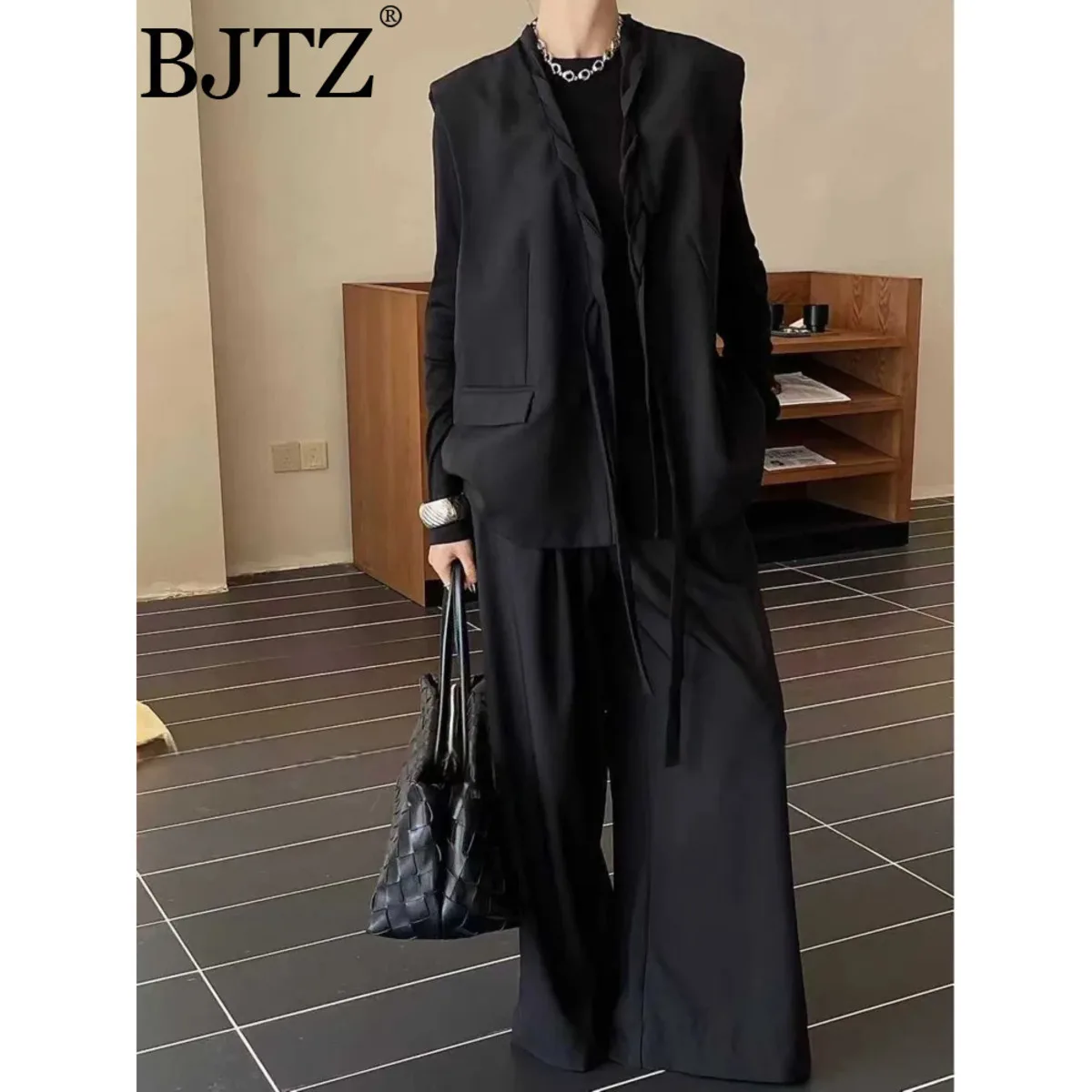 

BJTZ Sleeveless Loose Vest+wide Leg Straight Pant Two Piece Set For Woman 2025 Spring Autumn New Fashion Niche Designer Clothes