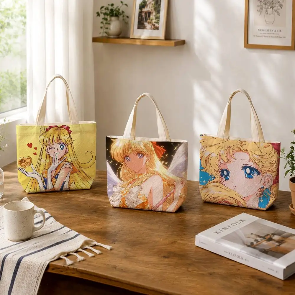 Anime S-Sailor Venus Aino Minako Large Capacity Cotton Polyester Zipper Tote Shoulder Bag
