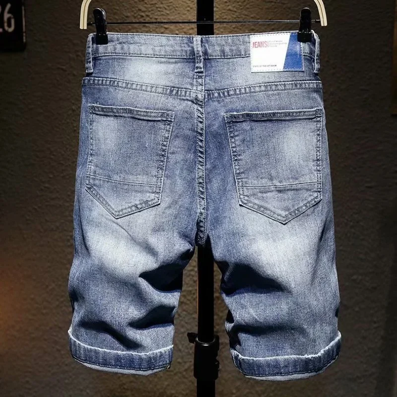 Short Jeans Pants for Men Knee Length Man Denim Shorts Buttons Slim Stretch Long Ripped Half Skinny Stretchable Wih Zipper Thin