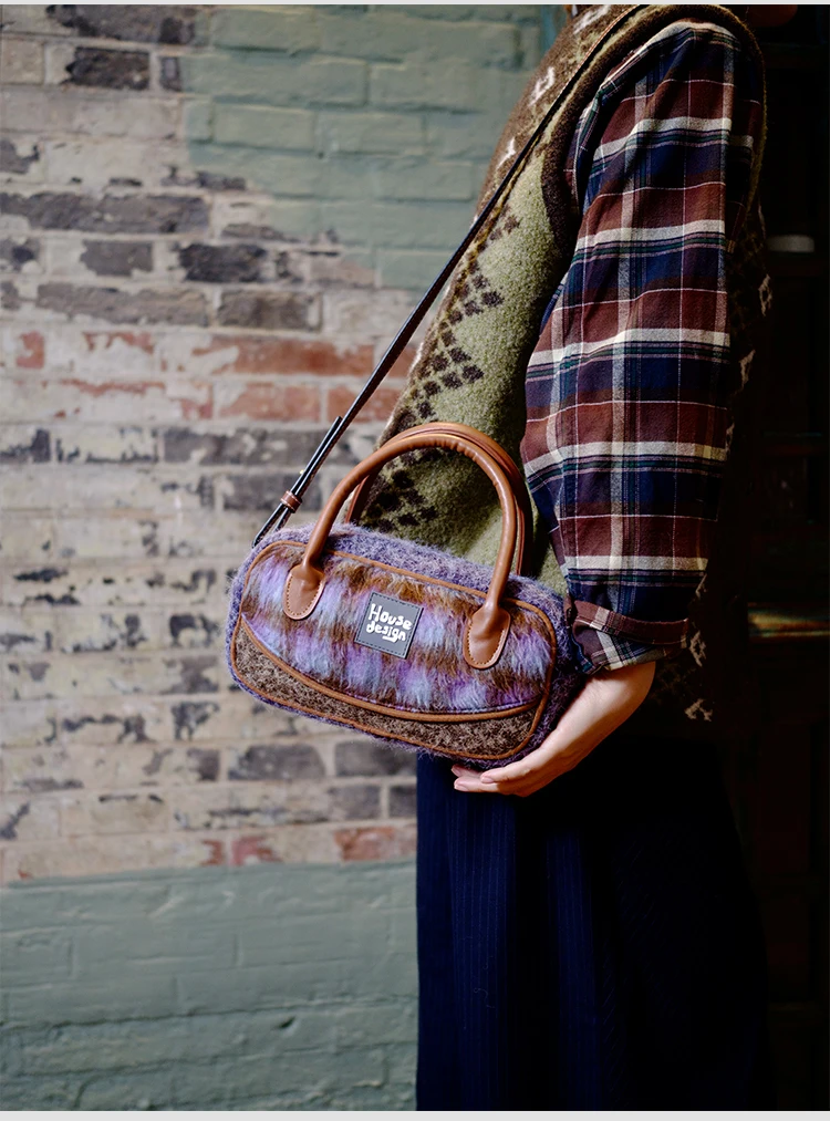 الخريف والشتاء الرجعية الأرجواني الصوفية حقيبة كروسبودي حقيبة البولينج للنساء رائعة أفخم حقيبة كتف محمولة باليد لفتاة