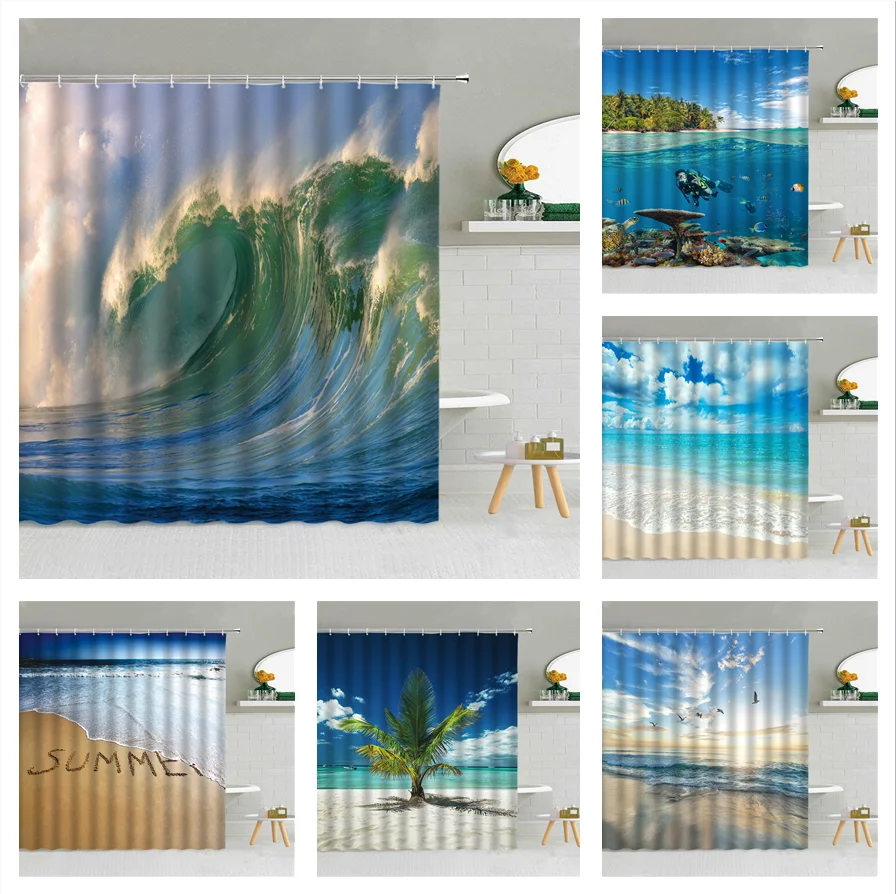 Ocean Seaside Scenery Shower Curtain Sea Waves Beach Shell Plank Road Bathroom Decor Sunset Landscape Waterproof Fabric Curtains