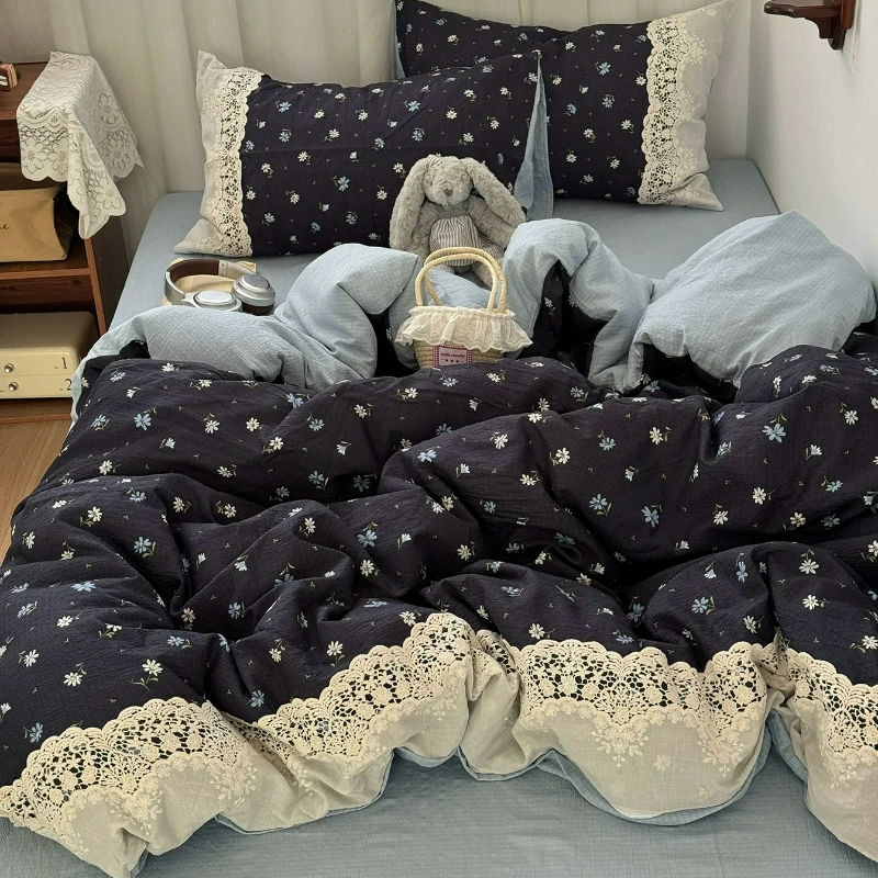 Sweet Girlish Bedroom Vintage Floral A-class Washed Cotton 4piece Set Lace Lace Duvet Cover Single Bed 3 Piece Set Bedding