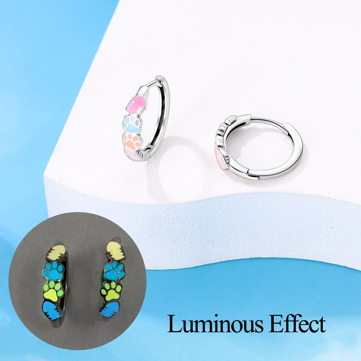 925 Silver Silver Color Cute Colorful Cat Claw Heart Shaped Luminous Earrings For Women Fashion Party Valentine\'s Jewelry Gifts