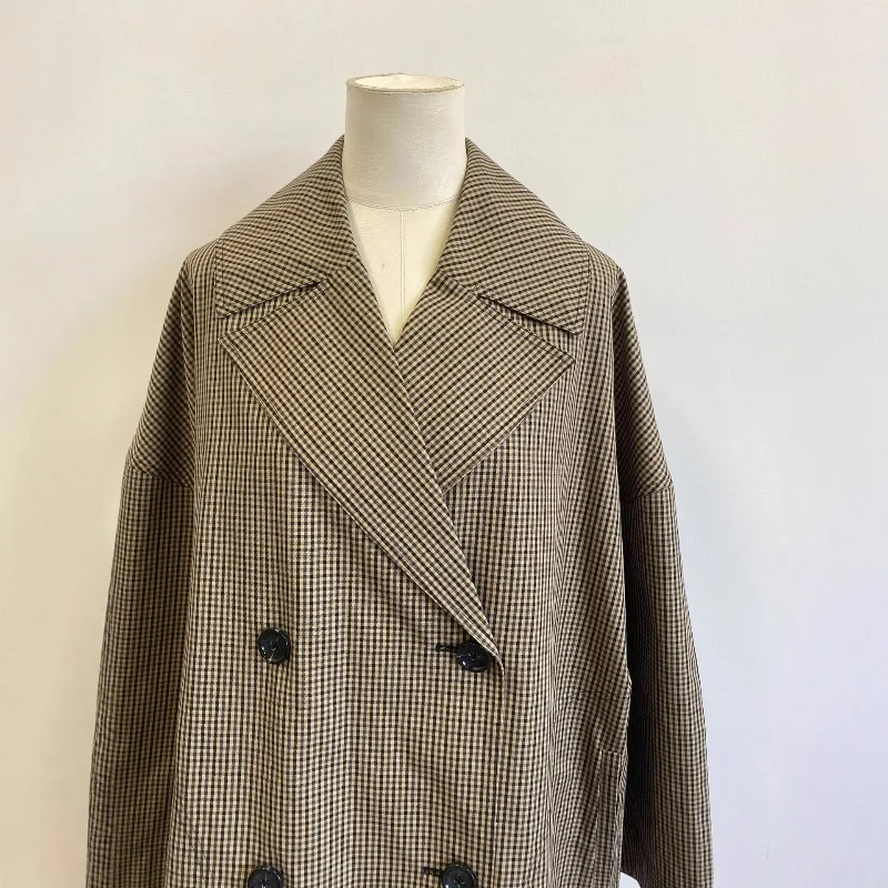 여성용 체크 코트, 중간 길이, 심플한 출퇴근용 한국 스타일, 루즈핏 여성용 코트, 2025년 가을/겨울