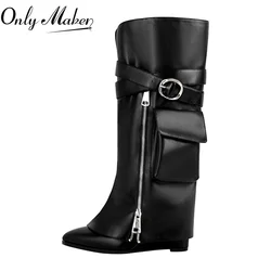 Onlymaker Women Black Matte Wedge Boots Fold Knee High Heel  Fashion Female Boots