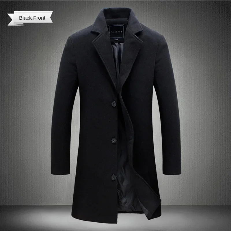 2024 Spring Autumn New Long Cotton Coat New Wool Blend Pure Color Casual Business Fashion Men's Clothing Slim Windbreaker Jacket