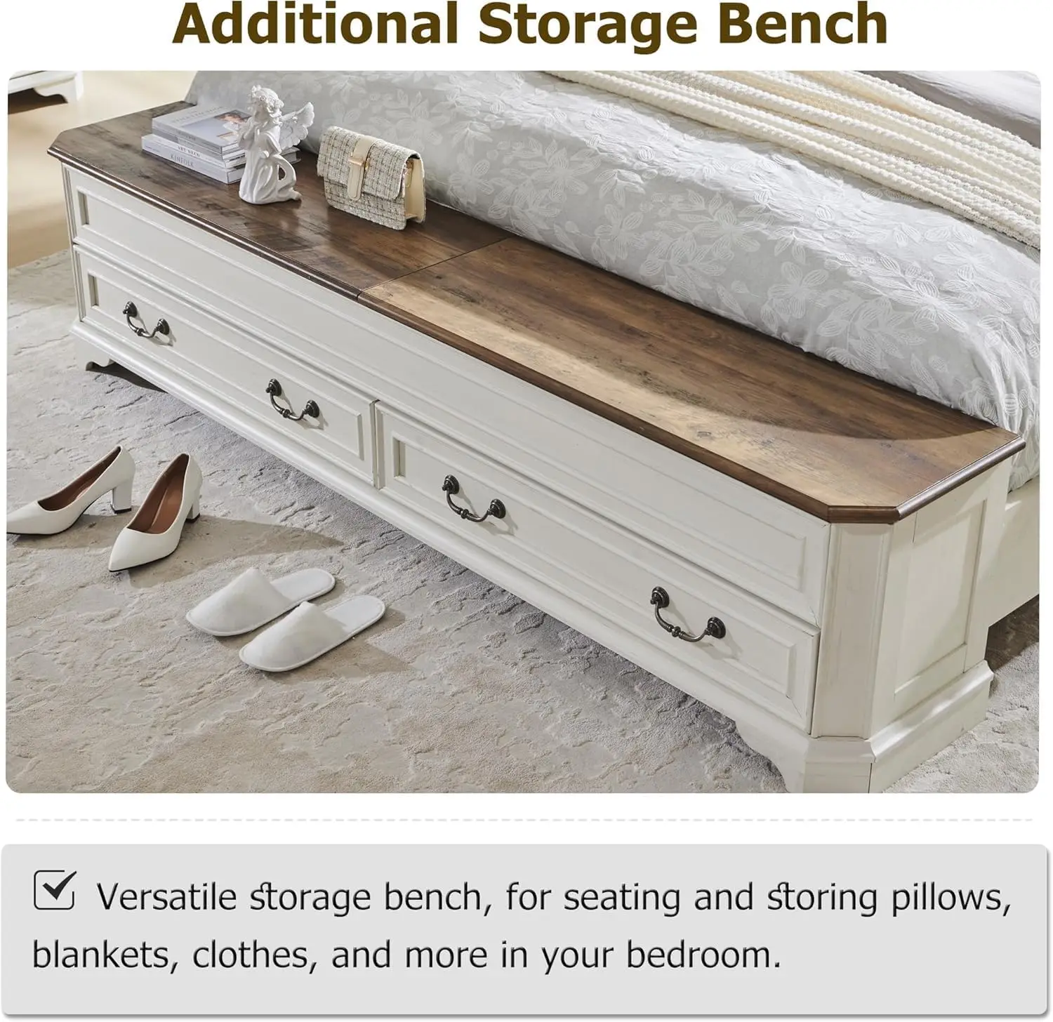 سرير كوين للمزرعة مع لوح أمامي ومقعد تخزين، سرير بمنصة خشبية ريفية مع صندوق تخزين 64 بوصة مع 4 أدراج تخزين كبيرة