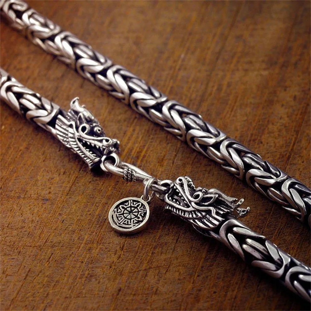 OUYADI Collar de Moda para Hombre, Cadena Gruesa Trenzada con Cabeza de Dragón Oxidada Vintage, Plata de Ley 925
