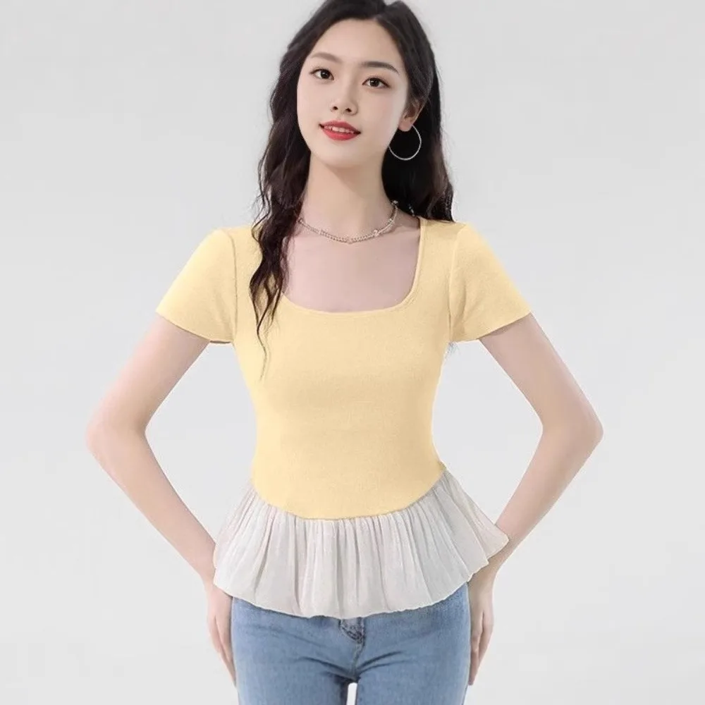 

Breathable Short Sleeve Summer Knitted T-Shirt Slim Fit U-neck Sweet Crop Tops Korean Style Patchwork Mesh Ruffle T-Shirt Lady