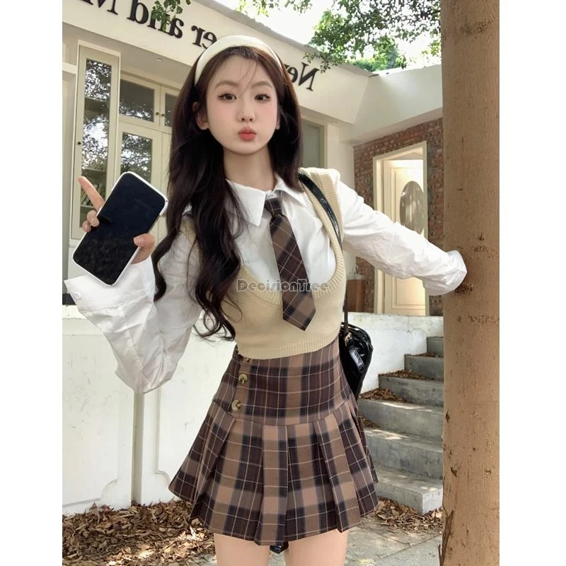 2024 korea fashion style uniform suit women autumn new korean style short knit vest polo collar shirt plaid skirt jk set b103