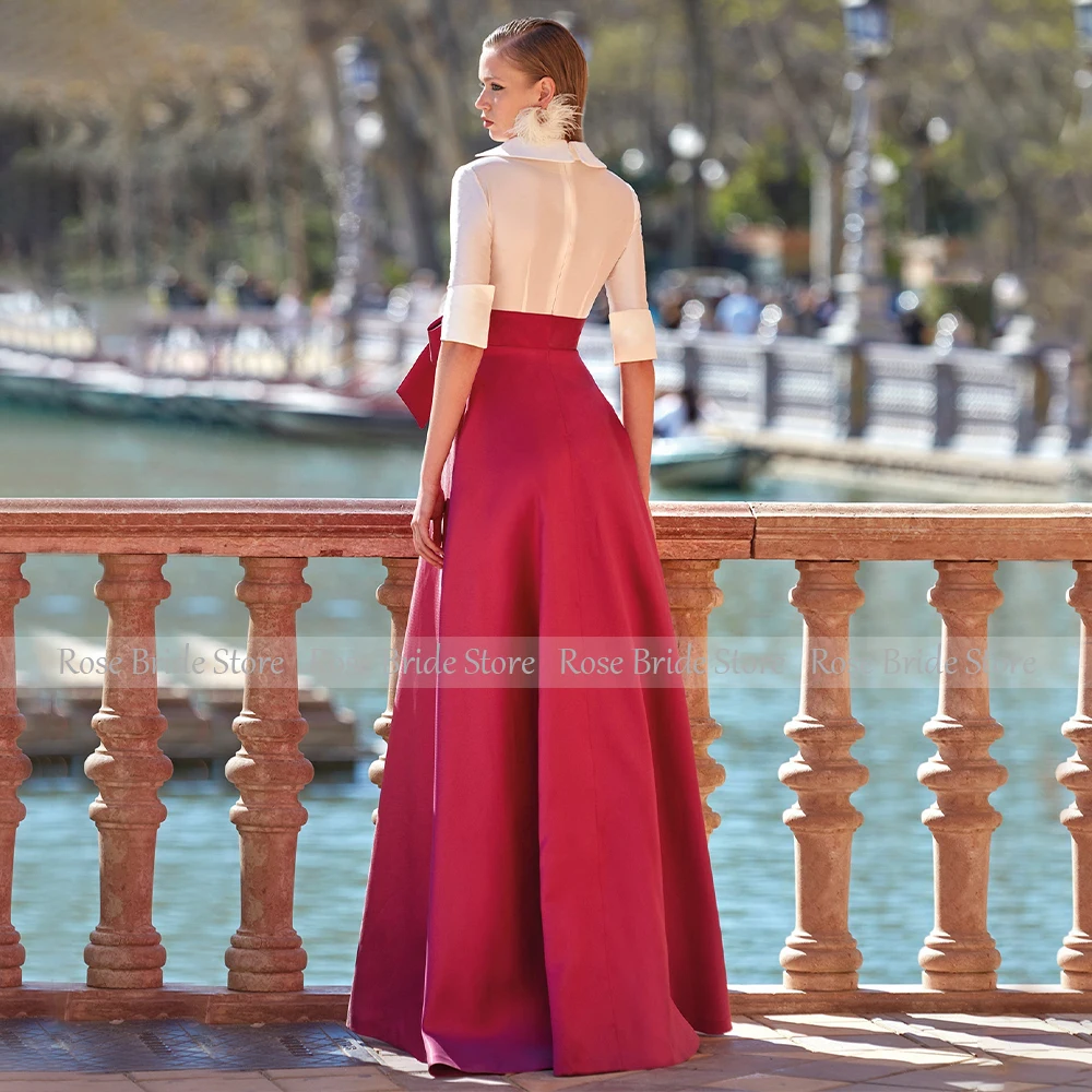 Robe de soirée de mariage bordeaux ivoire pour femme, col en V profond, demi-manches, soirée formelle, longueur au sol, ligne A, robe de Rhen satin