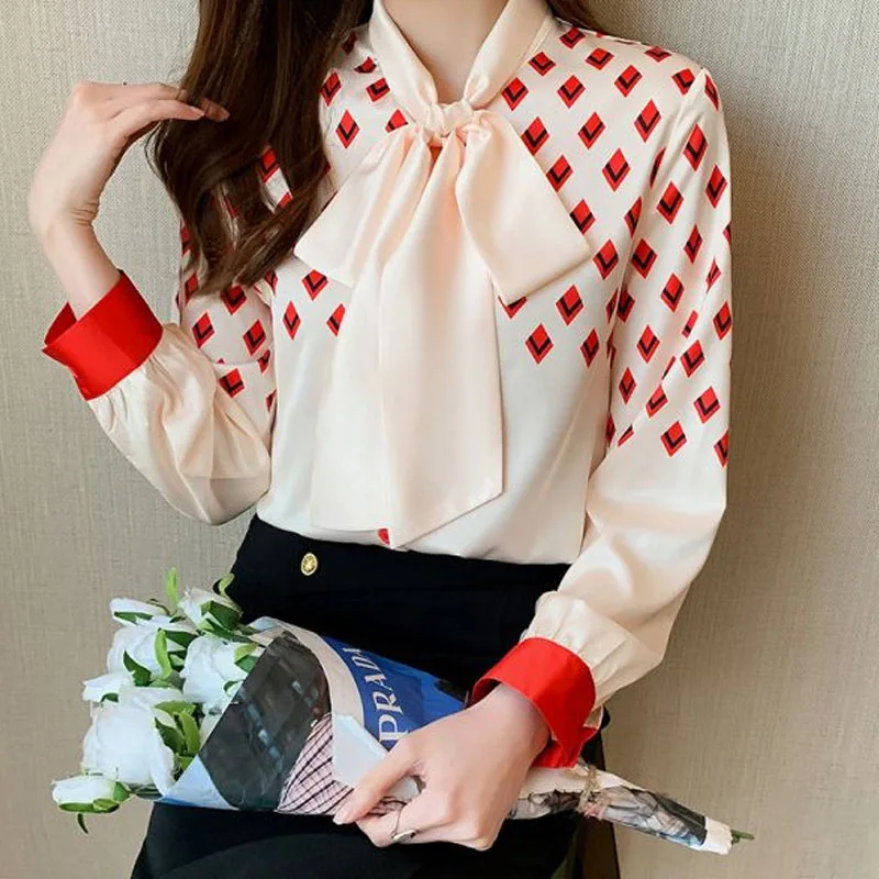 Elegant Fashion Long Sleeve Women\'s Printed Spliced Shirt Korean All-match Scarf Collar Lace Up Chiffon Blouse Female Clothing