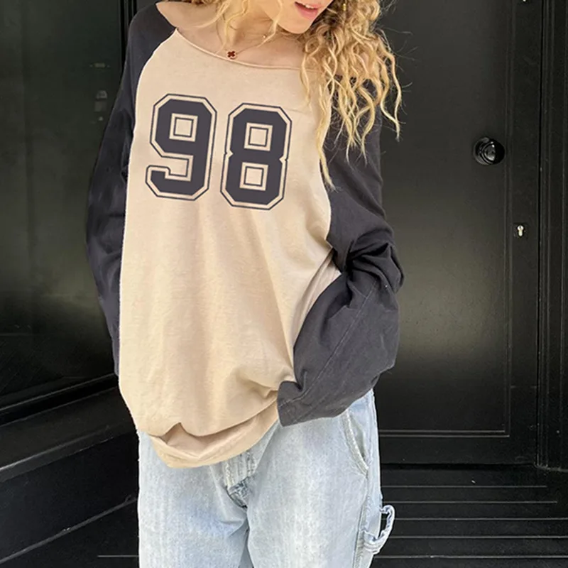 European and American autumn new color blocking splicing letter print one collar long sleeved loose women T-shirt top