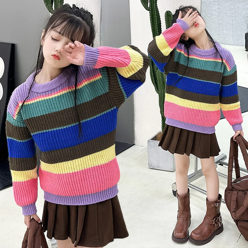 

Girls Sweater Wool Coat Kids Tops Knitting 2023 Stripe Thicken Warm Winter Autumn Cottons Teenagers Outwear Children's Clothing