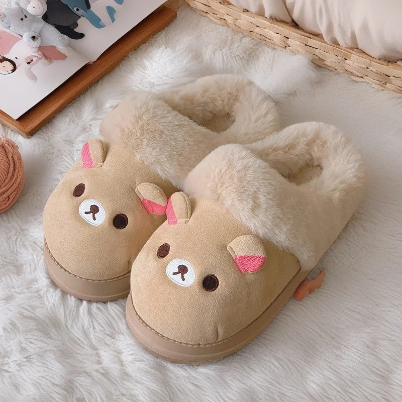 

Хлопковые тапочки Rilakkuma с героями мультфильмов, женские пушистые зимние нескользящие теплые плюшевые домашние тапочки с милым медведем, домашний подарок на Рождество