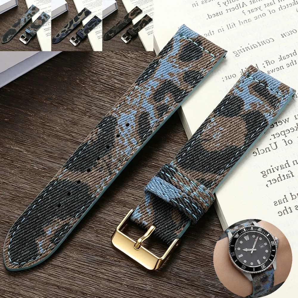 Denim Leopard Print Quick Release Universal Watch Band Dark Blue Linen Leather Watch Strap Replacement Watchbands 18mm 20mm 22mm