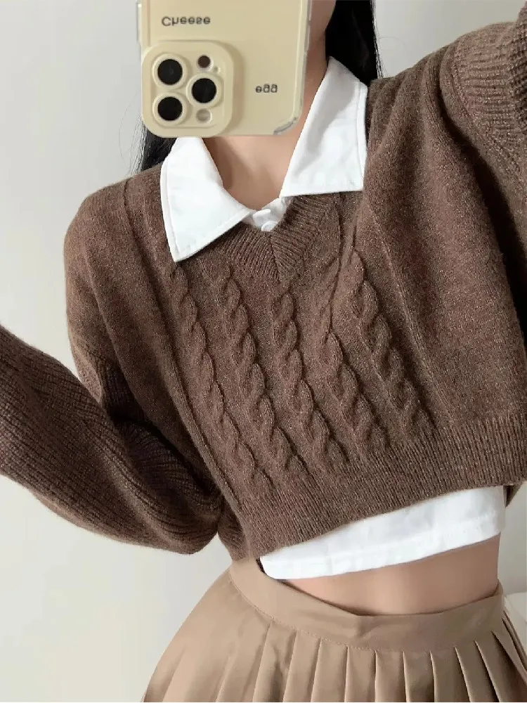 2022 Vintage V neck Knitted Twist Striped Cropped Pullovers Preppy Full Sleeve Navel Exposure Sweater High Waist Jumper