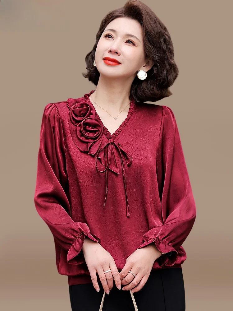 

Ele Long Sve Spring irt for Middle-Aged Women Faionable Wedding Dr Mom Clothes Comfortable Polyester Fiber V-Ne