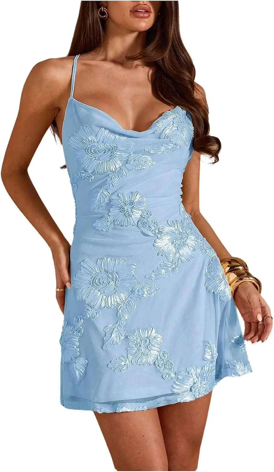 Ladies 3D Floral Embroidered Sheath Mini Formal Dress Spaghetti Strap Short Cocktail and Homecoming Gown Graduation Dress