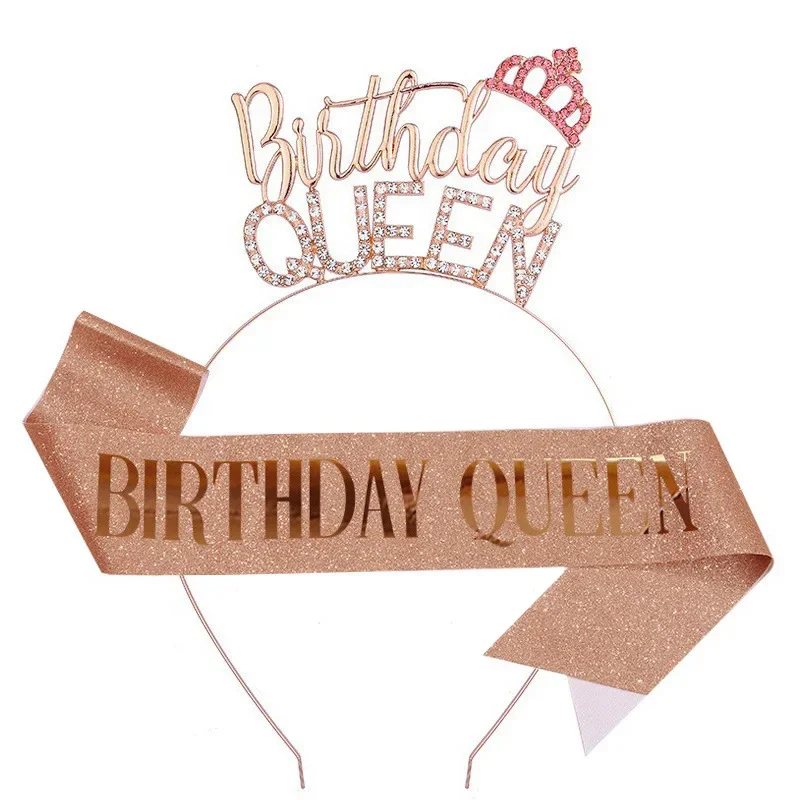 Fashion Queen Birthday Party Birthday Queen Headband Shoulder Strap Set Hair Woman Accessories Headbands Ceremonial Ribbon Women