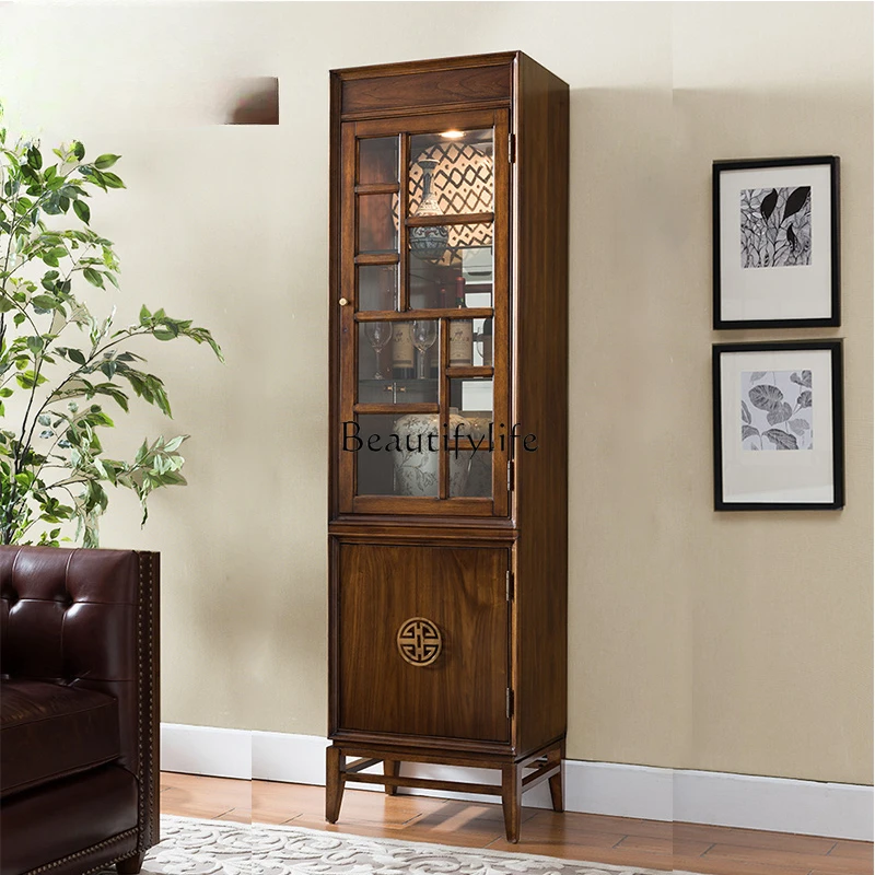 American solid wood living room glass display wine cabinet next to TV single door locker