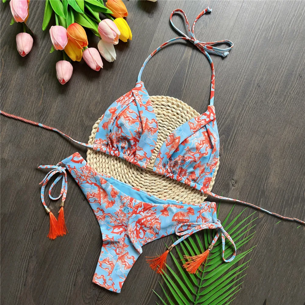 

НОВИНКА: Сексуальный женский купальник-бикини 2026 года, бразильский стиль, синий принт, на завязках, с бахромой, халтер, треугольные бикини-комплекты