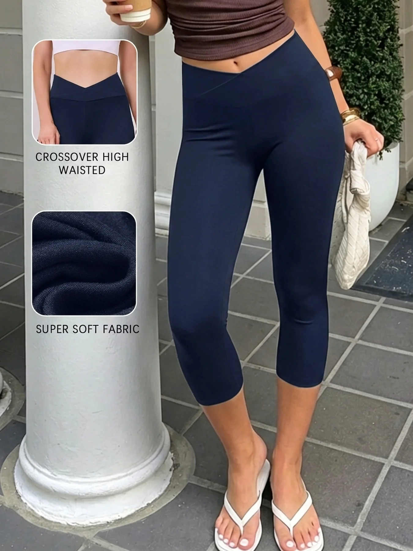Women's Super Soft Crossover High Waisted Capri Pants Tummy Control No See Through Workout Yoga Running Leggings