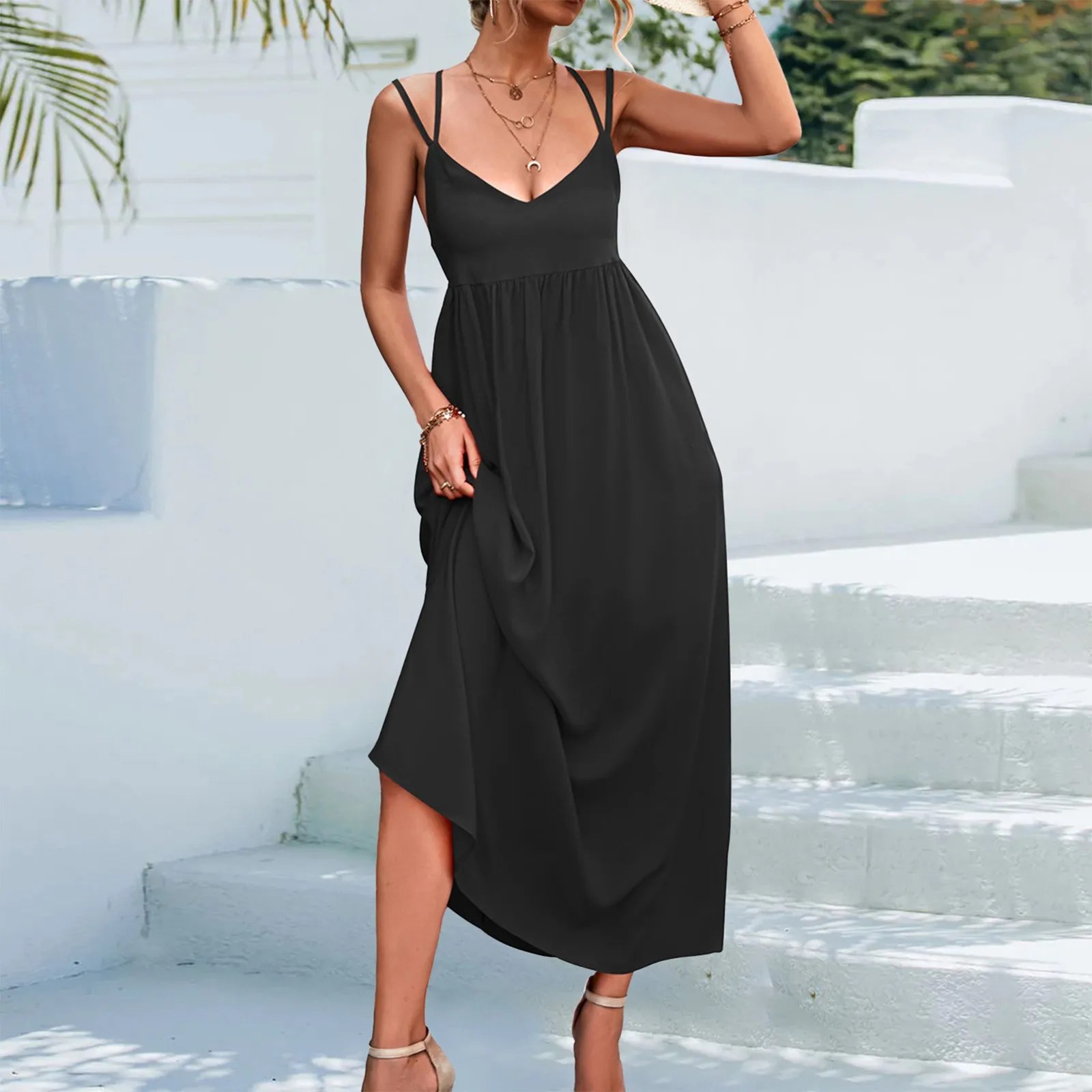 Vestido informal con tirantes para mujer, traje Sexy con cuello en V y Espalda descubierta, cómodo, de cintura alta, elegante, para vacaciones