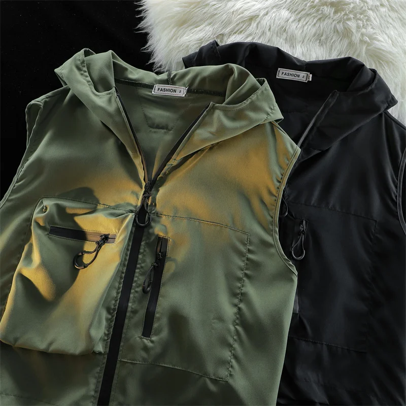 

Мужская рабочая одежда без рукавов с капюшоном, жилет, летние новые однотонные повседневные свободные пальто в американском стиле ретро, популярные универсальные черные топы с карманами