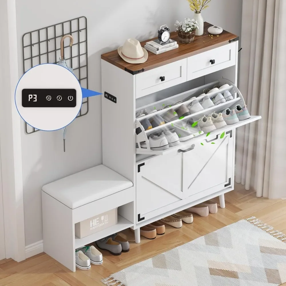 

Shoe Cabinet with Bench, Deodorizing Shoe Storage Cabinet with 2 Flip Drawers and 2 Sliding Drawers, Free Standing Narrow Farmho