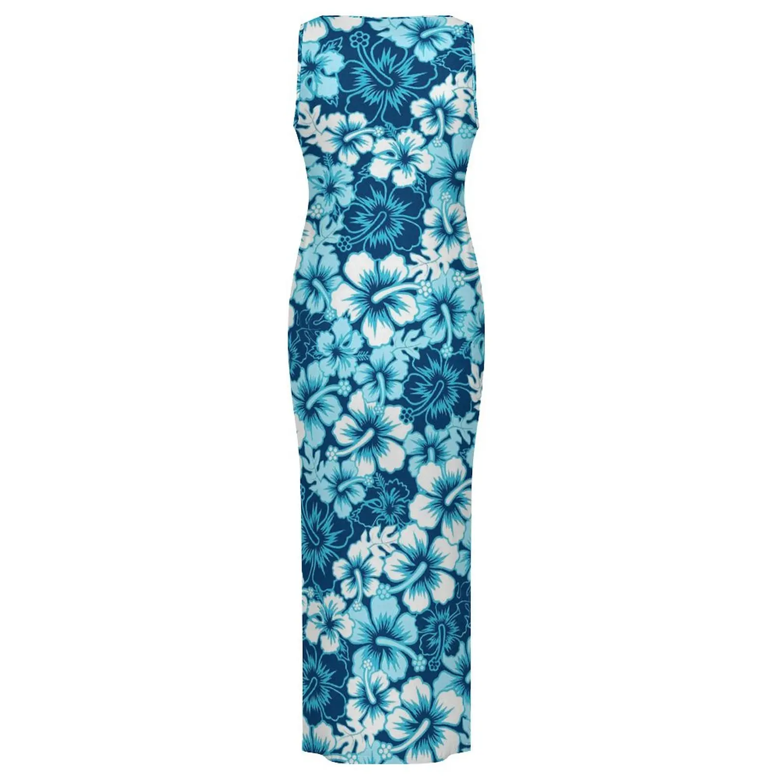 Robe florale bleue sans manches imprimé Hibiscus décontracté Y2k robes Maxi robe moulante mignonne femmes graphique surdimensionné Vestido