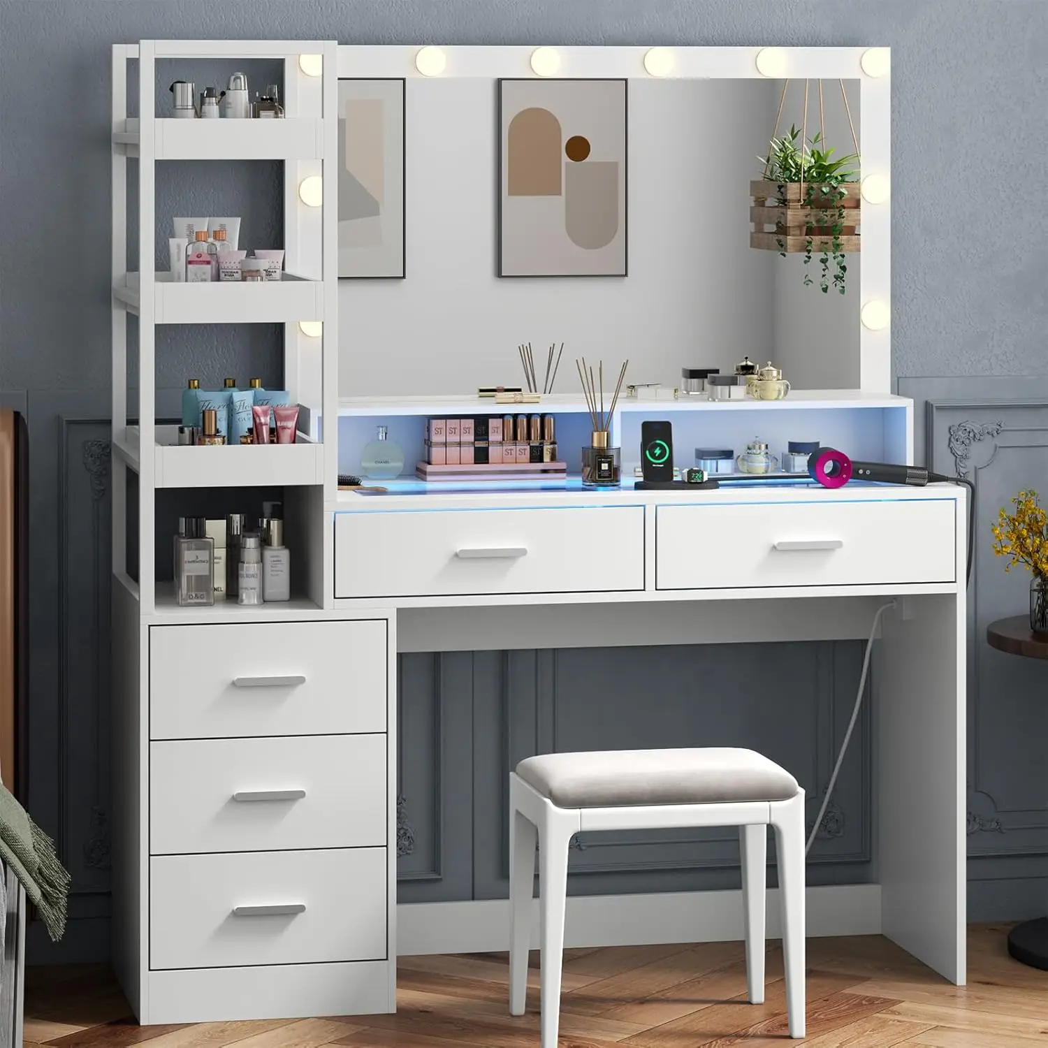 Vanity Desk con specchio e luci, tavolo da trucco a 8 cassetti con piano in vetro, prese di corrente e luci RGB, toeletta per ragazze