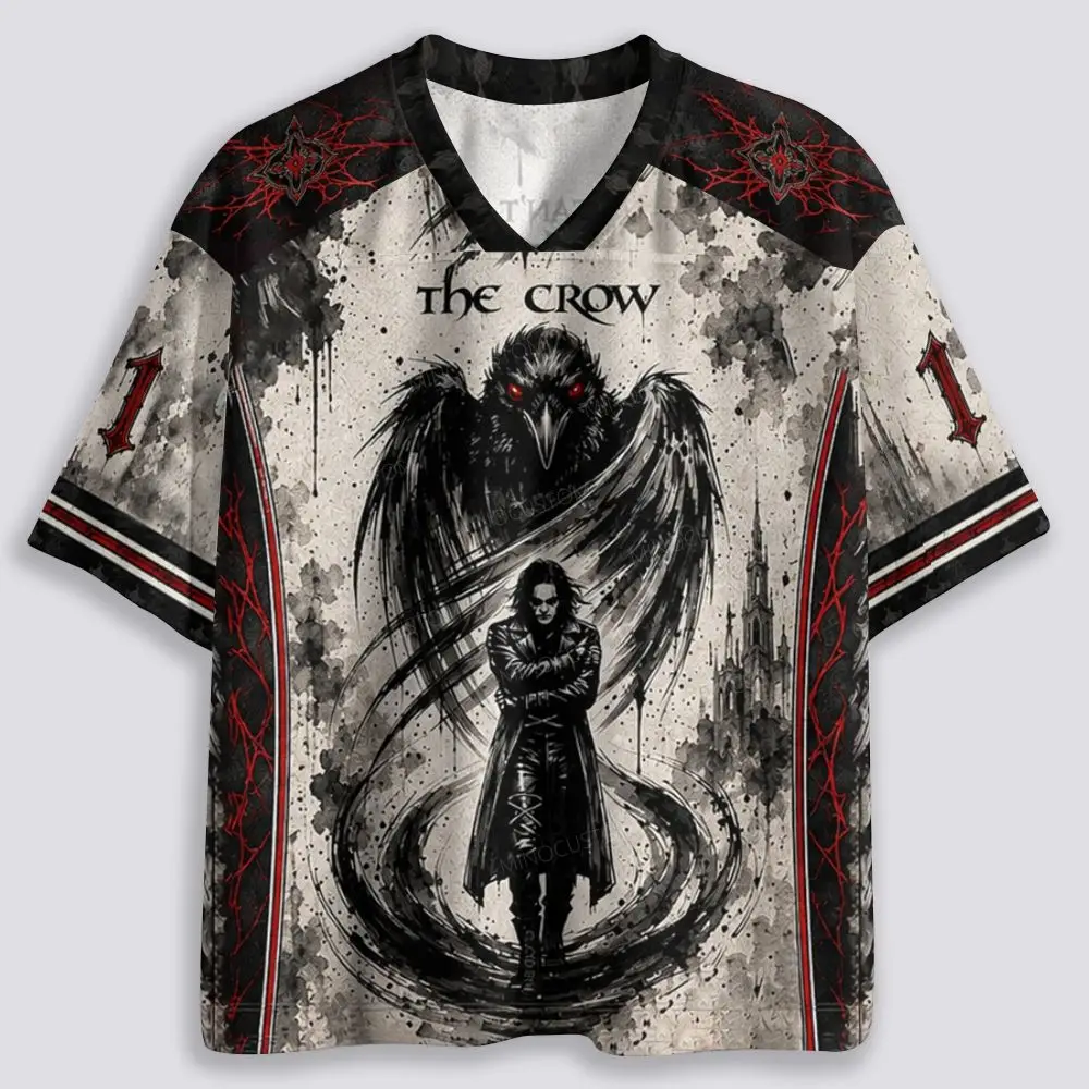 Goth-style Ink-pattern Crow Print Soccer Jersey V-neck Breathable Mesh Top Dark Street Style Halloween Cosplay Party Outfit