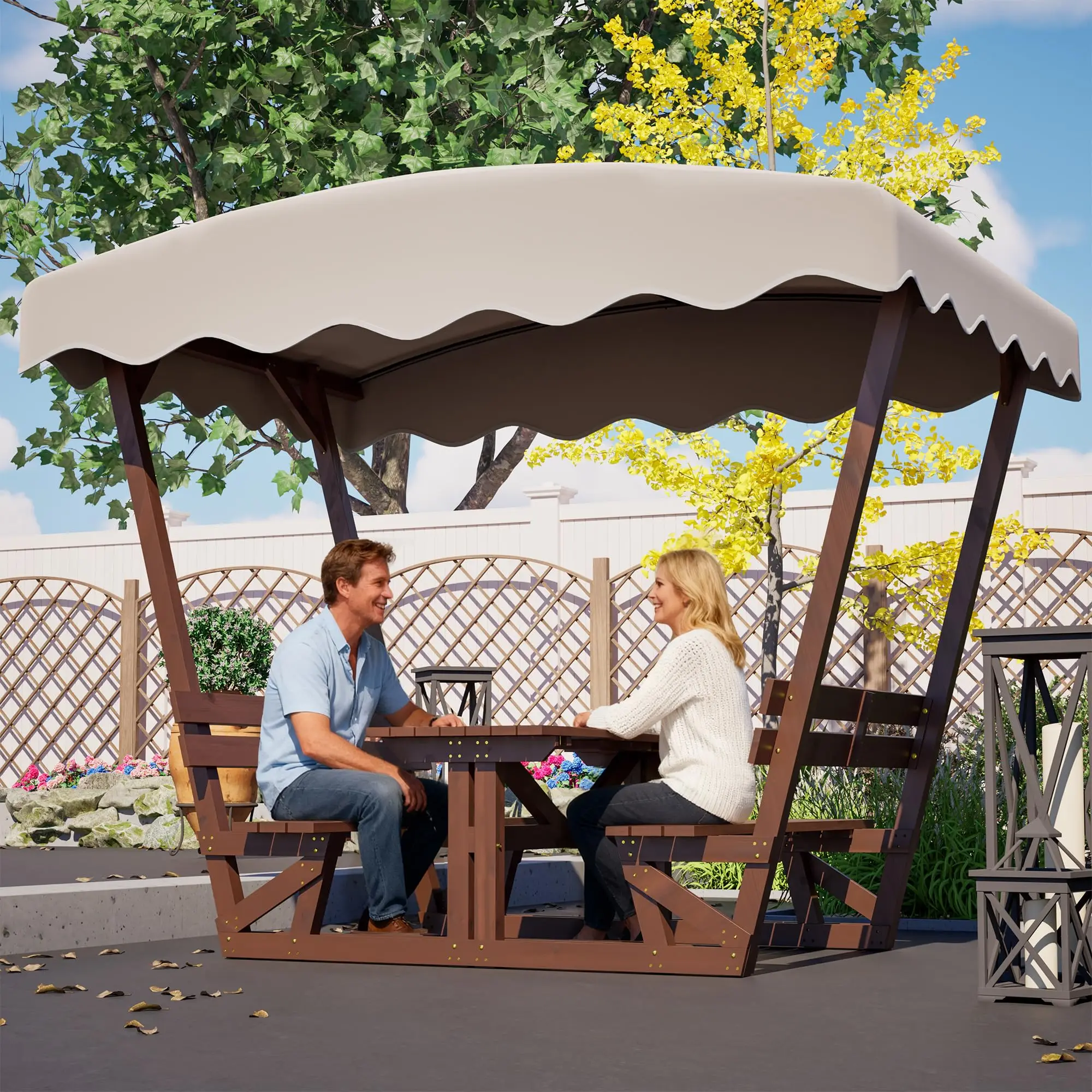 Compact Wooden Gazebo, Outdoor with Ox Top, Built-in Bench & Tabletop, for Garden, Patio, Beach, Park ()