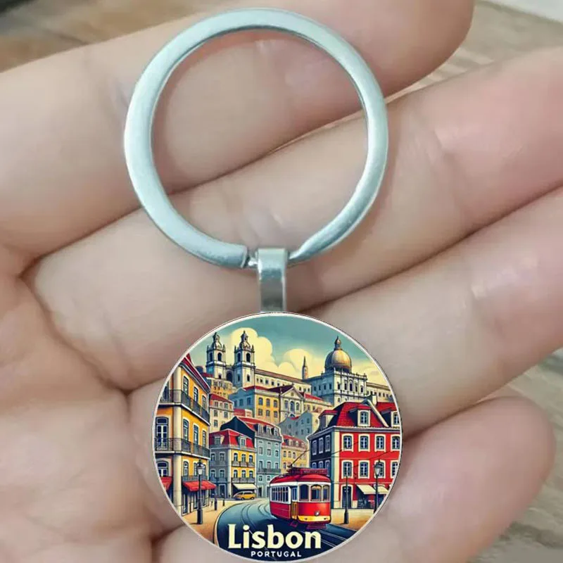 Chaveiro Português Retro Lisboa - Paisagem da cidade vintage, presente de lembrança durável para aniversários, feriados e feriados, clássico
