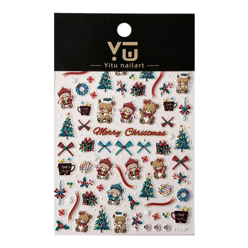 3D Cute Bear Christmas Nail Art Sticker Embossed Christmas Tree Gift Box PVC Adhesive Nail Art Decals DIY Manicure Salon