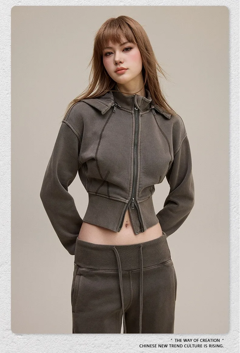 

Retro fleece short hooded cardigan with zipper and waist cinching sweatshirt jacket for women