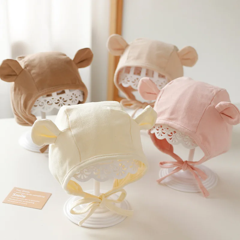 Korean Cute Cartoon Bunny Bear Ear Newborn Hat Beanie Spring Autumn Toddler Cap Turban with Strap for Infant Baby Boys Girls