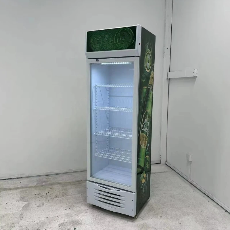 upright merchandising display fridge with custom sticker inside led commercial refrigerator for shop freezer refrigerator