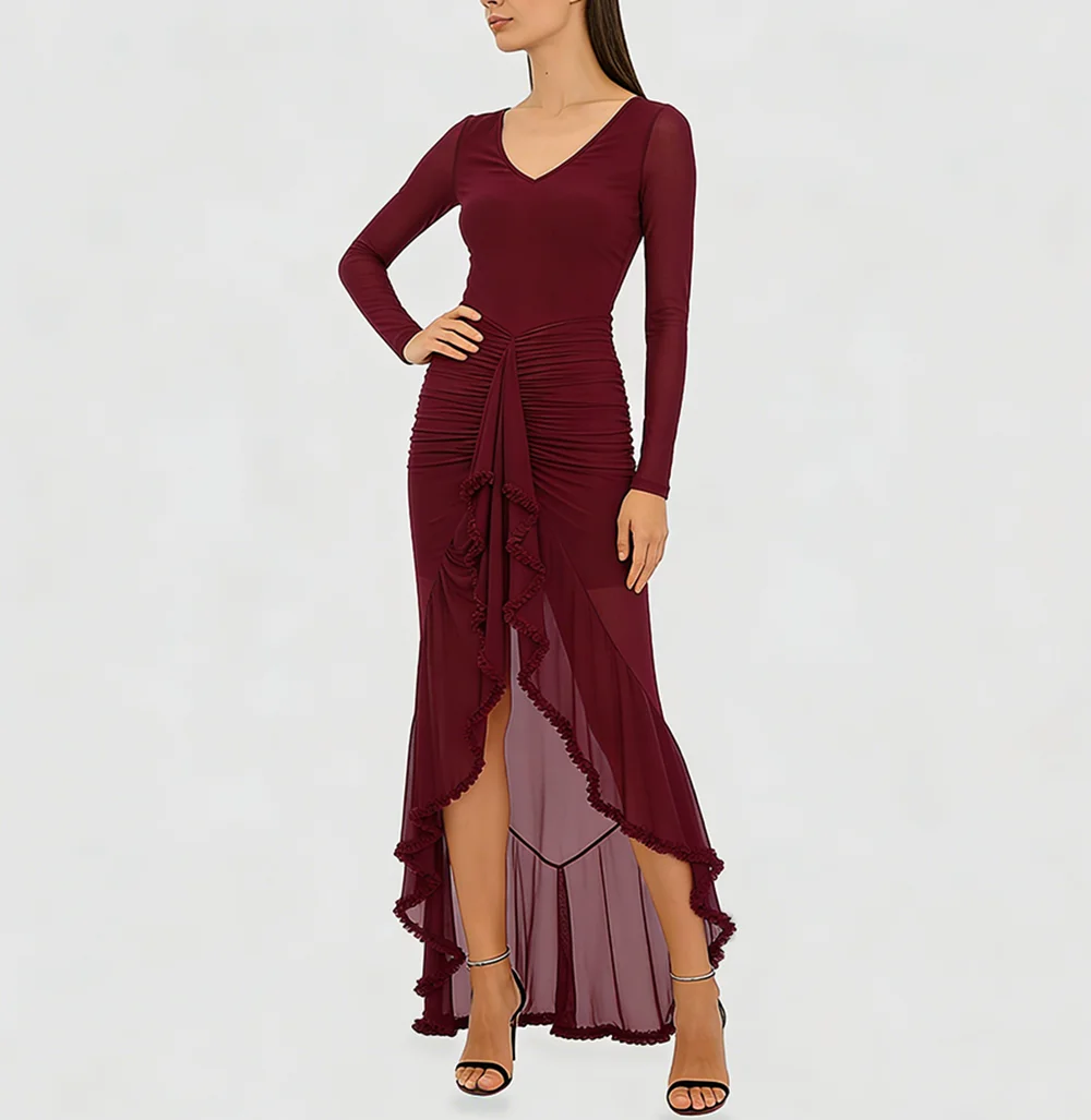 Robe longue élégante pour femme, col en V, transparente, à volants, manches longues, en dentelle plissée, couleur unie, sexy, pour soirée